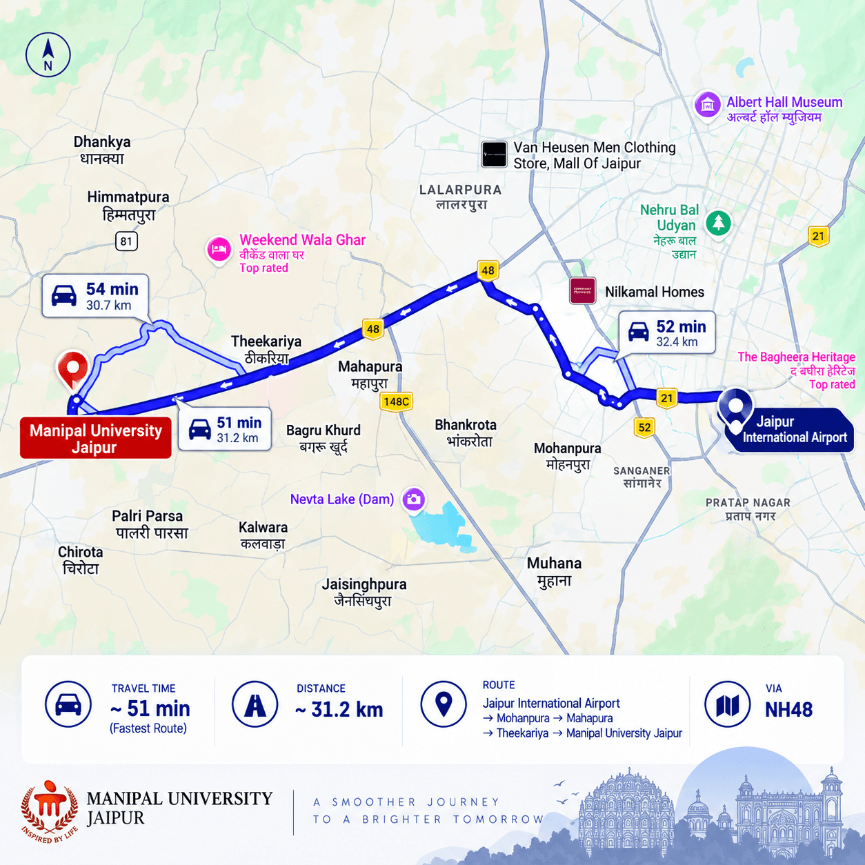 Route map from Jaipur International Airport to Manipal University Jaipur