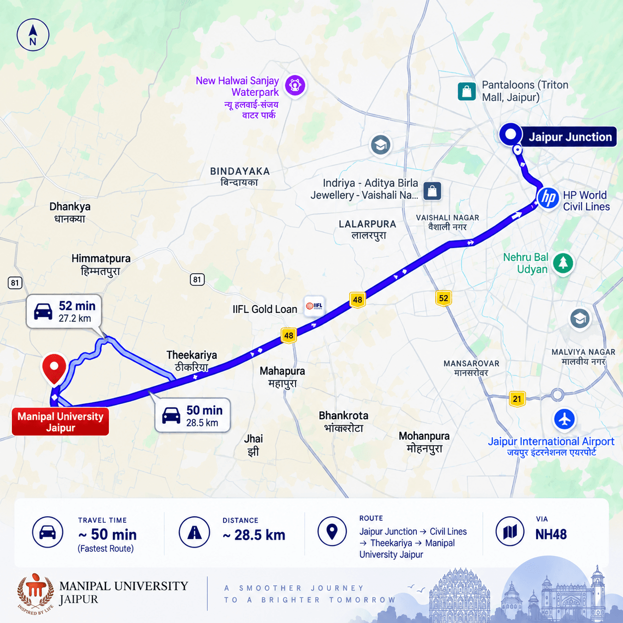 Route map from Jaipur Junction Railway Station to Manipal University Jaipur